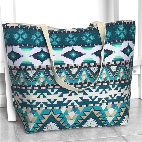 Handbags - Aztec Print Green Blue Teal Summer Tote Bag